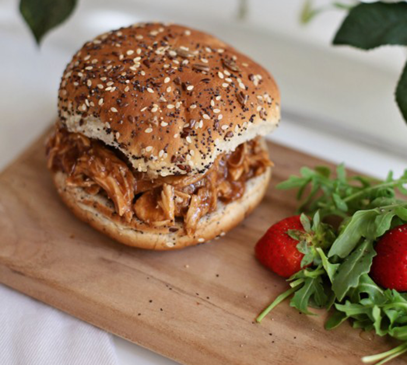 Slow cooker BBQ chilli maple shredded chicken burgers (and a